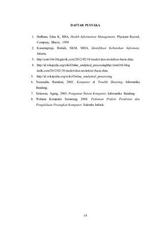 14
DAFTAR PUSTAKA
1. Huffman, Edna K, RRA, Health Information Management, Physician Record,
Company, Illinois, 1994
2. Kusumapraja, Rokiah, SKM, MHA, Identifikasi Kebutuhan Informasi,
Jakarta.
3. http://amri166.blogdetik.com/2012/02/18/model-dan-arsitektur-basis-data.
4. http://id.wikipedia.org/wiki/Online_analytical_processinghttp://amri166.blog
detik.com/2012/02/18/model-dan-arsitektur-basis-data.
5. http://id.wikipedia.org/wiki/Online_analytical_processing
6. Nazarudin, Ramdani, 2005. Komputer & Trouble Shooting. Informatika
Bandung.
7. Setiawan, Agung, 2003. Pengantar Sistem Komputer. Informatika Bandung
8. Wahana Komputer Semarang, 2004. Pedoman Praktis Perakitan dan
Pengelolaan Perangkat Komputer. Salemba Infotek.
 