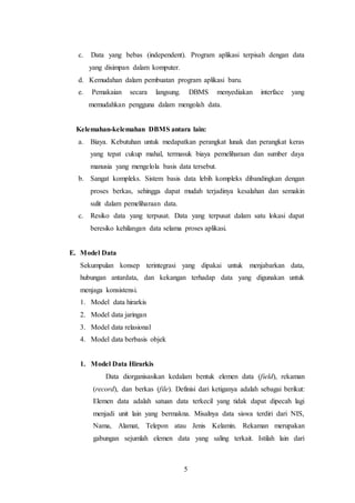 5
c. Data yang bebas (independent). Program aplikasi terpisah dengan data
yang disimpan dalam komputer.
d. Kemudahan dalam pembuatan program aplikasi baru.
e. Pemakaian secara langsung. DBMS menyediakan interface yang
memudahkan pengguna dalam mengolah data.
Kelemahan-kelemahan DBMS antara lain:
a. Biaya. Kebutuhan untuk medapatkan perangkat lunak dan perangkat keras
yang tepat cukup mahal, termasuk biaya pemeliharaan dan sumber daya
manusia yang mengelola basis data tersebut.
b. Sangat kompleks. Sistem basis data lebih kompleks dibandingkan dengan
proses berkas, sehingga dapat mudah terjadinya kesalahan dan semakin
sulit dalam pemeliharaan data.
c. Resiko data yang terpusat. Data yang terpusat dalam satu lokasi dapat
beresiko kehilangan data selama proses aplikasi.
E. Model Data
Sekumpulan konsep terintegrasi yang dipakai untuk menjabarkan data,
hubungan antardata, dan kekangan terhadap data yang digunakan untuk
menjaga konsistensi.
1. Model data hirarkis
2. Model data jaringan
3. Model data relasional
4. Model data berbasis objek
1. Model Data Hirarkis
Data diorganisasikan kedalam bentuk elemen data (field), rekaman
(record), dan berkas (file). Definisi dari ketiganya adalah sebagai berikut:
Elemen data adalah satuan data terkecil yang tidak dapat dipecah lagi
menjadi unit lain yang bermakna. Misalnya data siswa terdiri dari NIS,
Nama, Alamat, Telepon atau Jenis Kelamin. Rekaman merupakan
gabungan sejumlah elemen data yang saling terkait. Istilah lain dari
 