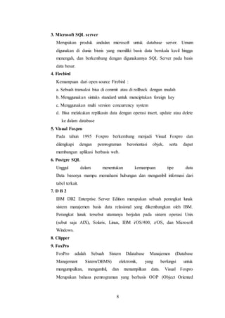 8
3. Microsoft SQL server
Merupakan produk andalan microsoft untuk database server. Umum
digunakan di dunia bisnis yang memiliki basis data berskala kecil hingga
menengah, dan berkembang dengan digunakannya SQL Server pada basis
data besar.
4. Firebird
Kemampuan dari open source Firebird :
a. Sebuah transaksi bisa di commit atau di rollback dengan mudah
b. Menggunakan sintaks standard untuk menciptakan foreign key
c. Menggunakan multi version concurrency system
d. Bisa melakukan replikasin data dengan operasi insert, update atau delete
ke dalam database
5. Visual Foxpro
Pada tahun 1995 Foxpro berkembang menjadi Visual Foxpro dan
dilengkapi dengan pemrograman berorientasi objek, serta dapat
membangun aplikasi berbasis web.
6. Postgre SQL
Unggul dalam menentukan kemampuan tipe data
Data basenya mampu memahami hubungan dan mengambil informasi dari
tabel terkait.
7. D B 2
IBM DB2 Enterprise Server Edition merupakan sebuah perangkat lunak
sistem manajemen basis data relasional yang dikembangkan oleh IBM.
Perangkat lunak tersebut utamanya berjalan pada sistem operasi Unix
(sebut saja AIX), Solaris, Linux, IBM i/OS/400, z/OS, dan Microsoft
Windows.
8. Clipper
9. FoxPro
FoxPro adalah Sebuah Sistem Ddatabase Manajemen (Database
Manajemant Sistem/DBMS) elektronik, yang berfungsi untuk
mengumpulkan, mengambil, dan menampilkan data. Visual Foxpro
Merupakan bahasa pemrograman yang berbasis OOP (Object Oriented
 