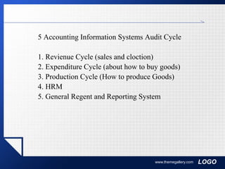 LOGOwww.themegallery.com
5 Accounting Information Systems Audit Cycle
1. Revienue Cycle (sales and cloction)
2. Expenditure Cycle (about how to buy goods)
3. Production Cycle (How to produce Goods)
4. HRM
5. General Regent and Reporting System
 
