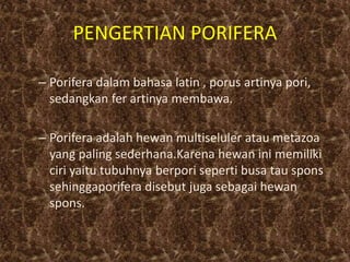 PENGERTIAN PORIFERA
– Porifera dalam bahasa latin , porus artinya pori,
sedangkan fer artinya membawa.
– Porifera adalah hewan multiseluler atau metazoa
yang paling sederhana.Karena hewan ini memiliki
ciri yaitu tubuhnya berpori seperti busa tau spons
sehinggaporifera disebut juga sebagai hewan
spons.
 
