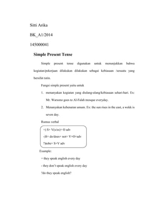 Sitti Arika
BK_A1/2014
145000041
Simple Present Tense
Simple present tense digunakan untuk menunjukkan bahwa
kegiatan/peke...