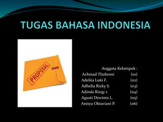 Anggota Kelompok :
Achmad Thobroni (01)
Adelita Luki F. (02)
Adhelia Rizky S. (03)
Adinda Rizqy r. (04)
Agusti Dewinta L. (05)
Anisya Oktaviani P. (06)
 