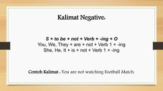 S + to be + not + Verb + -ing + O
You, We, They + are + not + Verb 1 + -ing
She, He, It + is + not + Verb 1 + -ing
Kalimat Negative:
Contoh Kalimat : You are not watching Football Match.
 