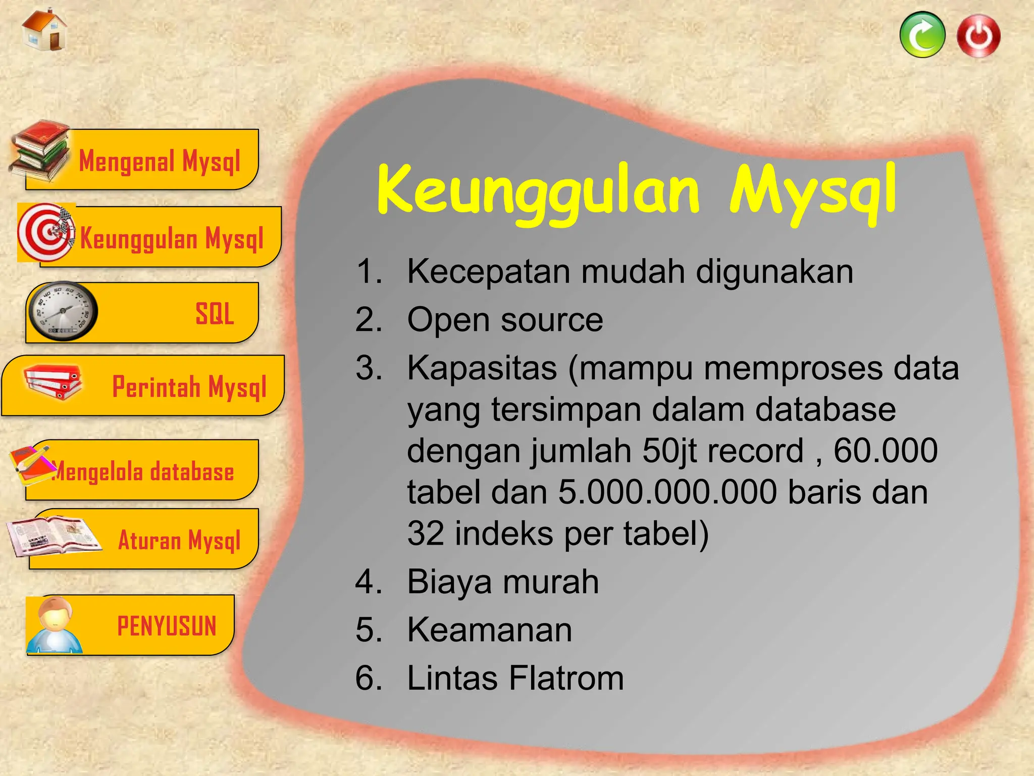 Keunggulan Mysql
1. Kecepatan mudah digunakan
2. Open source
3. Kapasitas (mampu memproses data
yang tersimpan dalam database
dengan jumlah 50jt record , 60.000
tabel dan 5.000.000.000 baris dan
32 indeks per tabel)
4. Biaya murah
5. Keamanan
6. Lintas Flatrom
Mengenal Mysql
SQL
Perintah Mysql
Mengelola database
Aturan Mysql
PENYUSUN
Keunggulan Mysql
 