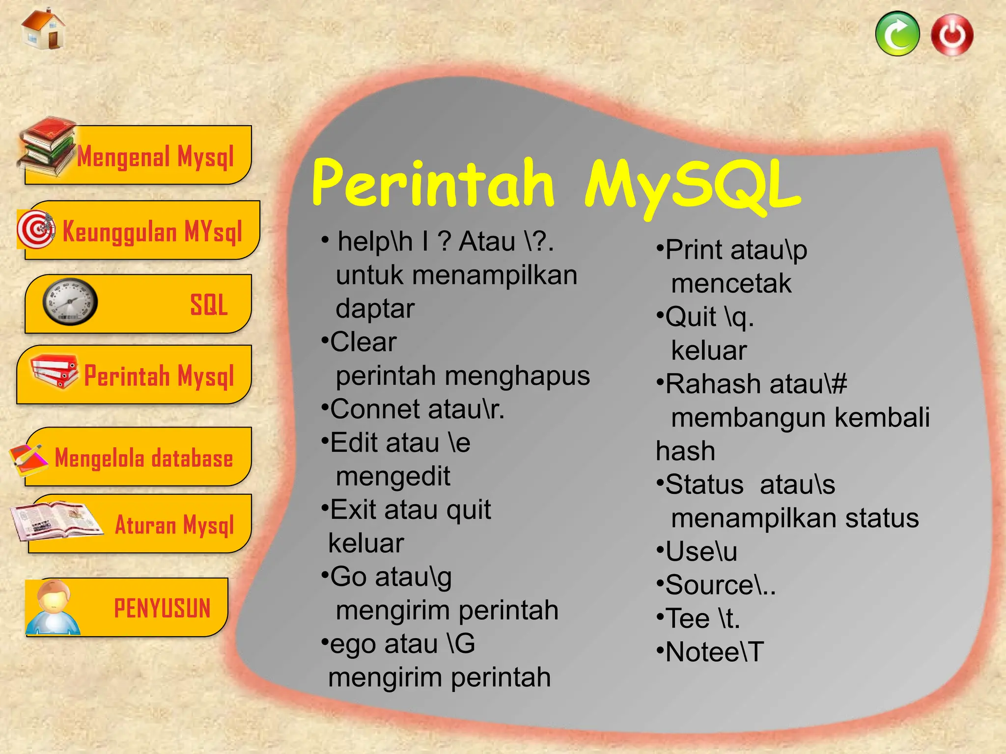 Perintah MySQL
Mengenal Mysql
SQL
Perintah Mysql
Mengelola database
Aturan Mysql
PENYUSUN
Keunggulan MYsql • helph I ? Atau ?.
untuk menampilkan
daptar
•Clear
perintah menghapus
•Connet ataur.
•Edit atau e
mengedit
•Exit atau quit
keluar
•Go ataug
mengirim perintah
•ego atau G
mengirim perintah
•Print ataup
mencetak
•Quit q.
keluar
•Rahash atau#
membangun kembali
hash
•Status ataus
menampilkan status
•Useu
•Source..
•Tee t.
•NoteeT
 