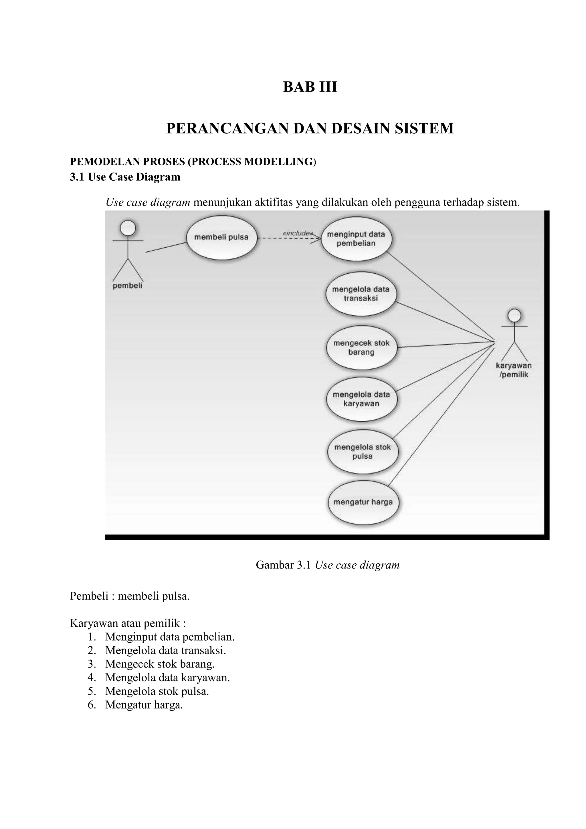 BAB III

                   PERANCANGAN DAN DESAIN SISTEM

PEMODELAN PROSES (PROCESS MODELLING)
3.1 Use Case Diagram

       Use case diagram menunjukan aktifitas yang dilakukan oleh pengguna terhadap sistem.




                                     Gambar 3.1 Use case diagram

Pembeli : membeli pulsa.

Karyawan atau pemilik :
   1. Menginput data pembelian.
   2. Mengelola data transaksi.
   3. Mengecek stok barang.
   4. Mengelola data karyawan.
   5. Mengelola stok pulsa.
   6. Mengatur harga.
 