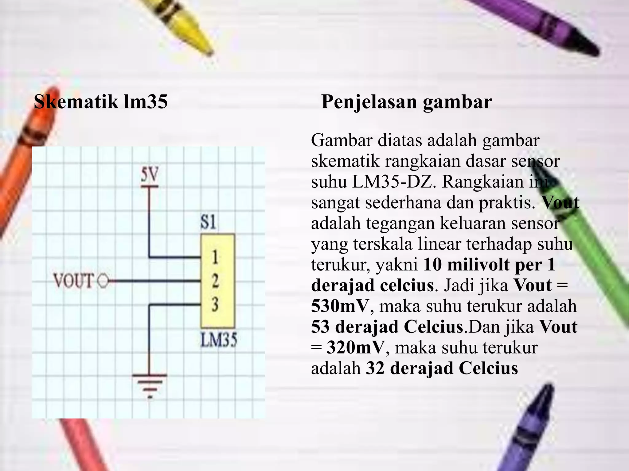 Skematik lm35 Penjelasan gambar
Gambar diatas adalah gambar
skematik rangkaian dasar sensor
suhu LM35-DZ. Rangkaian ini
sangat sederhana dan praktis. Vout
adalah tegangan keluaran sensor
yang terskala linear terhadap suhu
terukur, yakni 10 milivolt per 1
derajad celcius. Jadi jika Vout =
530mV, maka suhu terukur adalah
53 derajad Celcius.Dan jika Vout
= 320mV, maka suhu terukur
adalah 32 derajad Celcius
 