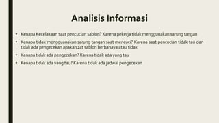 Analisis Informasi
• Kenapa Kecelakaan saat pencucian sablon? Karena pekerja tidak menggunakan sarung tangan
• Kenapa tidak mengguanakan sarung tangan saat mencuci? Karena saat pencucian tidak tau dan
tidak ada pengecekan apakah zat sablon berbahaya atau tidak
• Kenapa tidak ada pengecekan? Karena tidak ada yang tau
• Kenapa tidak ada yang tau? Karena tidak ada jadwal pengecekan
 
