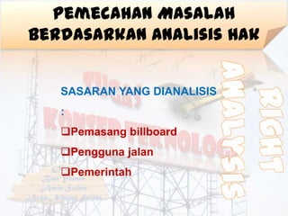 Pemecahan Masalah
Berdasarkan Analisis Hak


   SASARAN YANG DIANALISIS
   :
   Pemasang billboard
   Pengguna jalan
   Pemerintah
 