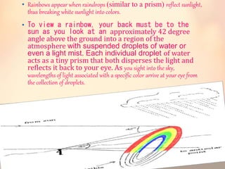 • Rainbows appear when raindrops (similar to a prism) reflect sunlight, 
thus breaking white sunlight into colors. 
• To view a rainbow, your back must be to the 
sun as you look at an approximately 42 degree 
angle above the ground into a region of the 
atmosphere with suspended droplets of water or 
even a light mist. Each individual droplet of water 
acts as a tiny prism that both disperses the light and 
reflects it back to your eye. As you sight into the sky, 
wavelengths of light associated with a specific color arrive at your eye from 
the collection of droplets. 
 