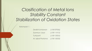Clasification of Metal Ions 
Stability Constant 
Stabilization of Oxidation States 
Kelompok 1 : 
Dedik Kurniawan (J1B107056) 
Syamsun Jaya (J1B111012) 
Tutriyanti (J1B112025) 
M. Iqbal Pratama (J1B112033) 
 