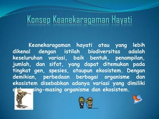 Keanekaragaman hayati atau yang lebih
dikenal dengan istilah biodiversitas adalah
keseluruhan variasi, baik bentuk, penampilan,
jumlah, dan sifat, yang dapat ditemukan pada
tingkat gen, spesies, ataupun ekosistem. Dengan
demikian, perbedaan berbagai organisme dan
ekosistem disebabkan adanya variasi yang dimiliki
oleh masing-masing organisme dan ekosistem.
 
