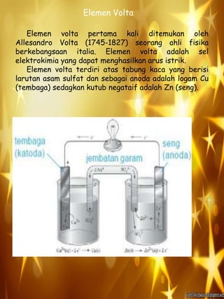 Elemen Volta 
Elemen volta pertama kali ditemukan oleh 
Allesandro Volta (1745-1827) seorang ahli fisika 
berkebangsaan italia. Elemen volta adalah sel 
elektrokimia yang dapat menghasilkan arus istrik. 
Elemen volta terdiri atas tabung kaca yang berisi 
larutan asam sulfat dan sebagai anoda adalah logam Cu 
(tembaga) sedagkan kutub negataif adalah Zn (seng). 
 