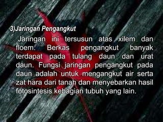 3)Jaringan Pengangkut 
Jaringan ini tersusun atas xilem dan 
floem. Berkas pengangkut banyak 
terdapat pada tulang daun dan urat 
daun. Fungsi jaringan pengangkut pada 
daun adalah untuk mengangkut air serta 
zat hara dari tanah dan menyebarkan hasil 
fotosintesis kebagian tubuh yang lain. 
 