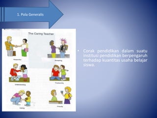 • Corak pendidikan dalam suatu
institusi pendidikan berpengaruh
terhadap kuantitas usaha belajar
siswa.
1. Pola Generalis
 