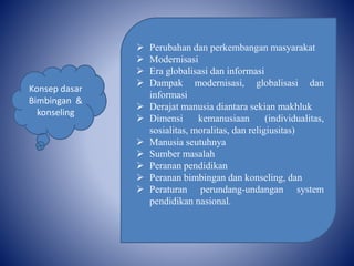  Perubahan dan perkembangan masyarakat
 Modernisasi
 Era globalisasi dan informasi
 Dampak modernisasi, globalisasi dan
informasi
 Derajat manusia diantara sekian makhluk
 Dimensi kemanusiaan (individualitas,
sosialitas, moralitas, dan religiusitas)
 Manusia seutuhnya
 Sumber masalah
 Peranan pendidikan
 Peranan bimbingan dan konseling, dan
 Peraturan perundang-undangan system
pendidikan nasional.
Konsep dasar
Bimbingan &
konseling
 