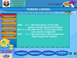 SK/KD Referensi Profile
Bantua
n
CD TUTORIAL
Oleh: Istifaizah
NIM: 0910095
Home
MENU UTAMAPENDAHULUAN
MENGATUR LEBAR
KOLOM YANG DIINGINKAN
FUNGSI STATISTIK
FUNGSI LOGIKA
FUNGSI LOOKUP
FUNGSI LOGIKA
AND == > Bernilai benar (true) jika
semua kondisi terpenuhi benar)
OR == > Bernilai benar (True) jika salah
satu kondisi terpenuhi
NOT == > Bernilai benar jika kondisinya
tidak terpenuhi (salah)
UNIVERSITAS
PENDIDIKAN
INDONESIA
 