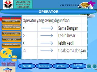 SK/KD Referensi Profile
Bantua
n
CD TUTORIAL
Oleh: Istifaizah
NIM: 0910095
Home
MENU UTAMAPENDAHULUAN
MENGATUR LEBAR
KOLOM YANG DIINGINKAN
FUNGSI LOGIKA
FUNGSI STATISTIK
FUNGSI LOOKUP
OPERATOR
UNIVERSITAS
PENDIDIKAN
INDONESIA
 
