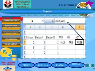 SK/KD Referensi Profile
Bantua
n
CD TUTORIAL
Oleh: Istifaizah
NIM: 0910095
Home
MENU UTAMAPENDAHULUAN
MENGATUR LEBAR
KOLOM YANG DIINGINKAN
FUNGSI STATISTIK
FUNGSI LOGIKA
FUNGSI LOOKUP
Contoh
UNIVERSITAS
PENDIDIKAN
INDONESIA
 