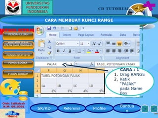 SK/KD Referensi Profile
Bantua
n
CD TUTORIAL
Oleh: Istifaizah
NIM: 0910095
Home
MENU UTAMAPENDAHULUAN
MENGATUR LEBAR
KOLOM YANG DIINGINKAN
FUNGSI STATISTIK
FUNGSI LOOKUP
FUNGSI LOGIKA
CARA : 1
1. Drag RANGE
2. Ketik
“PAJAK”
pada Name
Box
UNIVERSITAS
PENDIDIKAN
INDONESIA
CARA MEMBUAT KUNCI RANGE
 