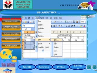 SK/KD Referensi Profile
Bantua
n
CD TUTORIAL
Oleh: Istifaizah
NIM: 0910095
Home
MENU UTAMAPENDAHULUAN
MENGATUR LEBAR
KOLOM YANG DIINGINKAN
FUNGSI STATISTIK
FUNGSI LOOKUP
FUNGSI LOGIKA
UNIVERSITAS
PENDIDIKAN
INDONESIA
SELANJUTNYA….
 