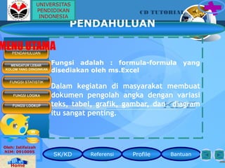 Fungsi adalah : formula-formula yang
disediakan oleh ms.Excel
Dalam kegiatan di masyarakat membuat
dokumen pengolah angka dengan variasi
teks, tabel, grafik, gambar, dan diagram
itu sangat penting.
SK/KD Referensi Profile Bantuan
CD TUTORIAL
Oleh: Istifaizah
NIM: 0910095
Home
PENDAHULUAN
PENDAHULUAN
MENGATUR LEBAR
KOLOM YANG DIINGINKAN
MENU UTAMA
FUNGSI STATISTIK
FUNGSI LOGIKA
FUNGSI LOOKUP
UNIVERSITAS
PENDIDIKAN
INDONESIA
 