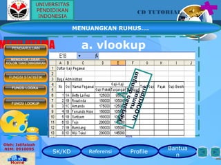 SK/KD Referensi Profile
Bantua
n
CD TUTORIAL
Oleh: Istifaizah
NIM: 0910095
Home
MENU UTAMAPENDAHULUAN
MENGATUR LEBAR
KOLOM YANG DIINGINKAN
FUNGSI STATISTIK
FUNGSI LOOKUP
FUNGSI LOGIKA
a. vlookup
Kerjakandengan
rumusVLOOKUP!!!...
UNIVERSITAS
PENDIDIKAN
INDONESIA
MENUANGKAN RUMUS….
 