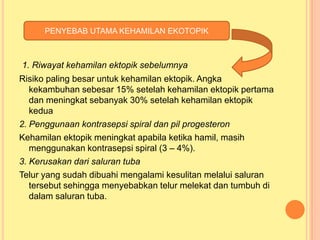 PENYEBAB UTAMA KEHAMILAN EKOTOPIK

1. Riwayat kehamilan ektopik sebelumnya
Risiko paling besar untuk kehamilan ektopik. Angka
kekambuhan sebesar 15% setelah kehamilan ektopik pertama
dan meningkat sebanyak 30% setelah kehamilan ektopik
kedua
2. Penggunaan kontrasepsi spiral dan pil progesteron
Kehamilan ektopik meningkat apabila ketika hamil, masih
menggunakan kontrasepsi spiral (3 – 4%).
3. Kerusakan dari saluran tuba
Telur yang sudah dibuahi mengalami kesulitan melalui saluran
tersebut sehingga menyebabkan telur melekat dan tumbuh di
dalam saluran tuba.

 