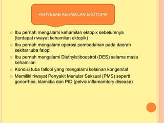 PENYEBAB KEHAMILAN EKOTOPIK










Ibu pernah mengalami kehamilan ektopik sebelumnya
(terdapat riwayat kehamilan ektopik)
Ibu pernah mengalami operasi pembedahan pada daerah
sekitar tuba falopi
Ibu pernah mengalami Diethylstiboestrol (DES) selama masa
kehamilan
Kondisi tuba fallopi yang mengalami kelainan kongenital
Memiliki riwayat Penyakit Menular Seksual (PMS) seperti
gonorrhea, klamidia dan PID (pelvic inflamamtory disease)

 
