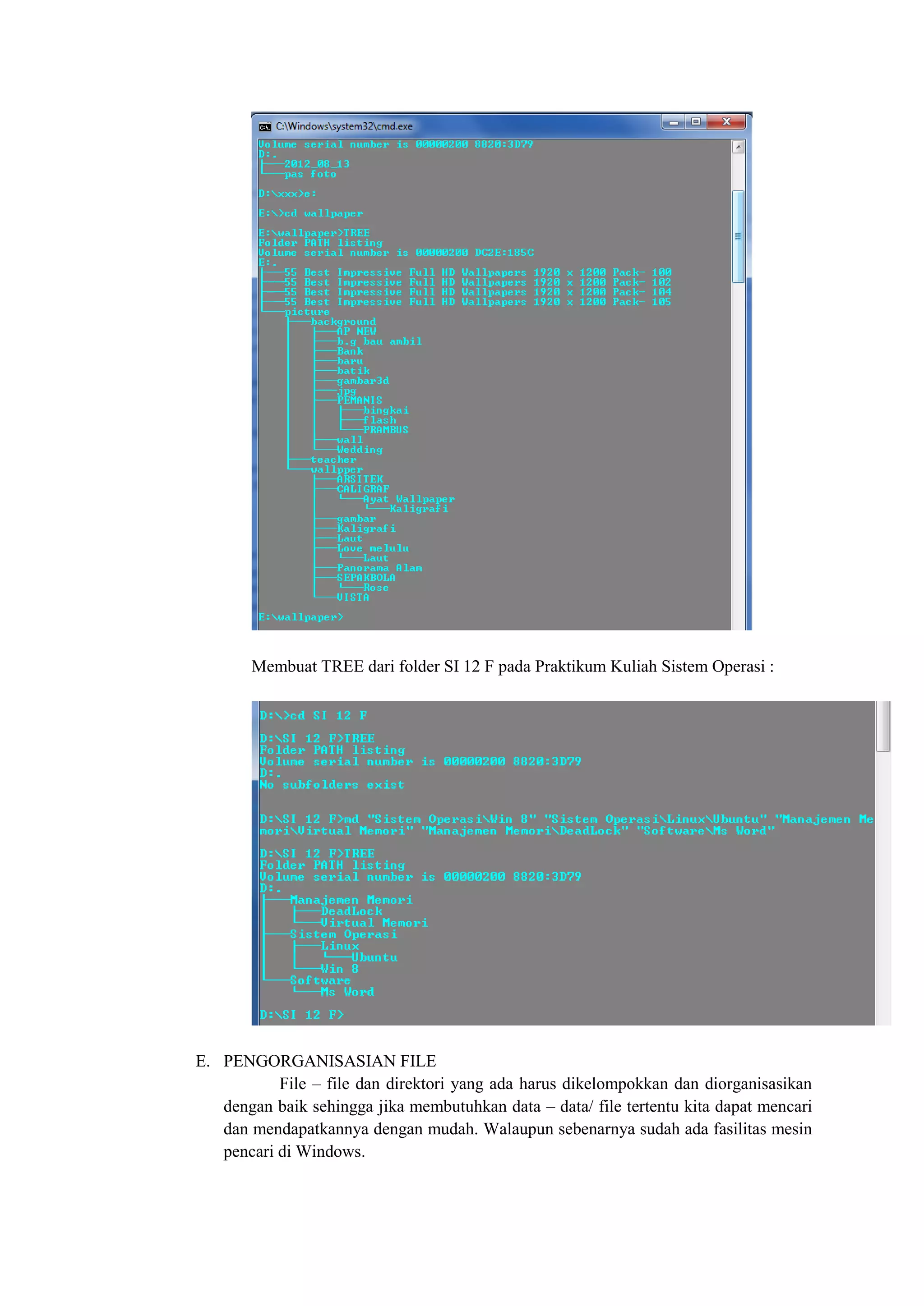 Membuat TREE dari folder SI 12 F pada Praktikum Kuliah Sistem Operasi :
E. PENGORGANISASIAN FILE
File – file dan direktori yang ada harus dikelompokkan dan diorganisasikan
dengan baik sehingga jika membutuhkan data – data/ file tertentu kita dapat mencari
dan mendapatkannya dengan mudah. Walaupun sebenarnya sudah ada fasilitas mesin
pencari di Windows.
 
