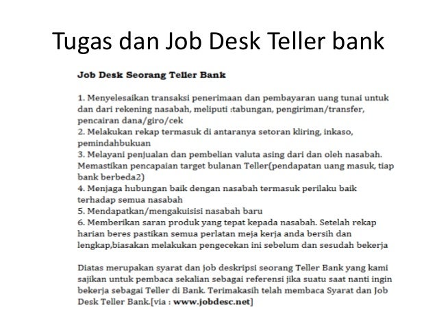 Tugas dan Job Desk Teller Bank