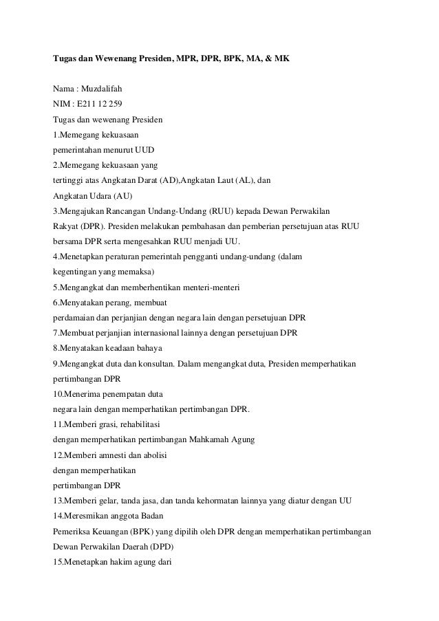 Tugas Dan Wewenang Presiden Mpr Dpr Bpk Ma Mk