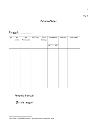 2


                                                                                                   HO 7

                                               Catatan Valet


Tanggal: ……………….
 No.     No.          No.         L/DC/PO        Total      Pengambil      Diterima   keterangan
        kamar      Penandaan                    Barang


                                                           M          Ev




        Penyelia Pencuci

          (Tanda tangan)




                                                                                          2
Paket untuk Pelatihan Perhotelan – Menangani linen dan pakaian tamu
 