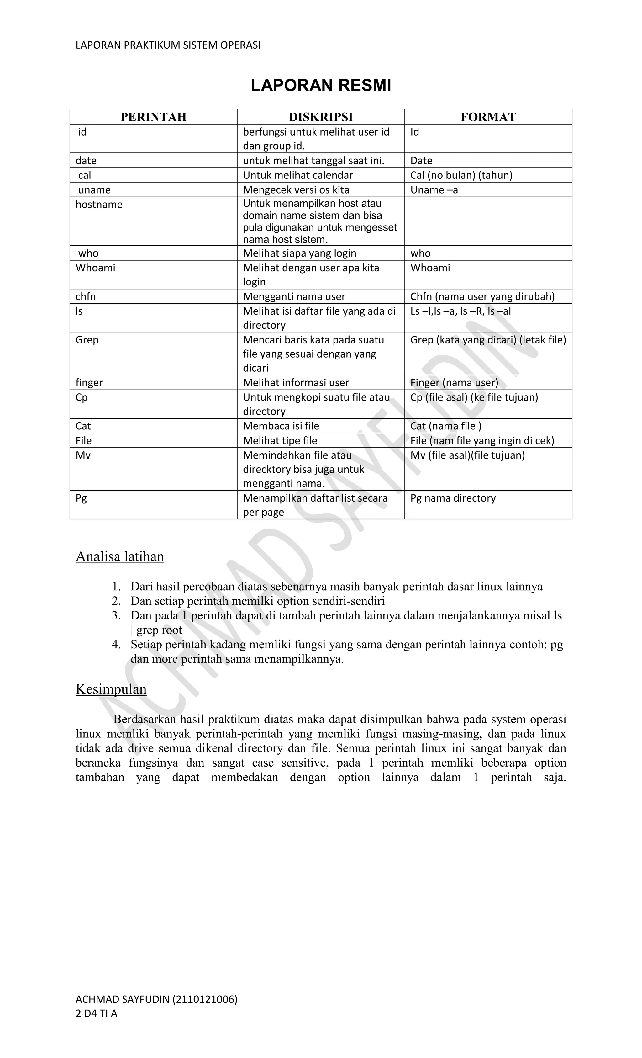 LAPORAN PRAKTIKUM SISTEM OPERASI
ACHMAD SAYFUDIN (2110121006)
2 D4 TI A
LAPORAN RESMI
PERINTAH DISKRIPSI FORMAT
id berfungsi untuk melihat user id
dan group id.
Id
date untuk melihat tanggal saat ini. Date
cal Untuk melihat calendar Cal (no bulan) (tahun)
uname Mengecek versi os kita Uname –a
hostname Untuk menampilkan host atau
domain name sistem dan bisa
pula digunakan untuk mengesset
nama host sistem.
who Melihat siapa yang login who
Whoami Melihat dengan user apa kita
login
Whoami
chfn Mengganti nama user Chfn (nama user yang dirubah)
ls Melihat isi daftar file yang ada di
directory
Ls –l,ls –a, ls –R, ls –al
Grep Mencari baris kata pada suatu
file yang sesuai dengan yang
dicari
Grep (kata yang dicari) (letak file)
finger Melihat informasi user Finger (nama user)
Cp Untuk mengkopi suatu file atau
directory
Cp (file asal) (ke file tujuan)
Cat Membaca isi file Cat (nama file )
File Melihat tipe file File (nam file yang ingin di cek)
Mv Memindahkan file atau
direcktory bisa juga untuk
mengganti nama.
Mv (file asal)(file tujuan)
Pg Menampilkan daftar list secara
per page
Pg nama directory
Analisa latihan
1. Dari hasil percobaan diatas sebenarnya masih banyak perintah dasar linux lainnya
2. Dan setiap perintah memilki option sendiri-sendiri
3. Dan pada 1 perintah dapat di tambah perintah lainnya dalam menjalankannya misal ls
| grep root
4. Setiap perintah kadang memliki fungsi yang sama dengan perintah lainnya contoh: pg
dan more perintah sama menampilkannya.
Kesimpulan
Berdasarkan hasil praktikum diatas maka dapat disimpulkan bahwa pada system operasi
linux memliki banyak perintah-perintah yang memliki fungsi masing-masing, dan pada linux
tidak ada drive semua dikenal directory dan file. Semua perintah linux ini sangat banyak dan
beraneka fungsinya dan sangat case sensitive, pada 1 perintah memliki beberapa option
tambahan yang dapat membedakan dengan option lainnya dalam 1 perintah saja.
 