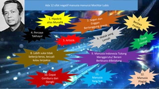 Ada 12 sifat negatif manusia menurut Mochtar Lubis
4. Percaya
Takhayul
8. Lebih suka tidak
bekerja keras, kecuali
kalau terpaksa
9. Manusia Indonesia Tukang
Menggerutu/ Berani
Berbicara diBelakang
10. Cepat
Cemburu dan
Dengki
5. Artistik
11.
Manusia
Yang Sok
12.
Manusia
Plagiat
1. Hipokrit
alias Munafik
 
