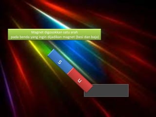 Magnet digosokkan satu arah
pada benda yang ingin dijadikan magnet (besi dan baja)

 
