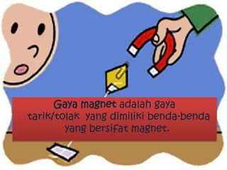 Gaya magnet adalah gaya
tarik/tolak yang dimiliki benda-benda
yang bersifat magnet.

 