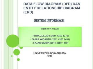 DATA FLOW DIAGRAM (DFD) DAN
ENTITY RELATIONSHIP DIAGRAM
(ERD)

     SISTEM INFORMASI

             DISUSUN OLEH


   FITRA   ZULLAFI (2011 4350 1375)
   FAJAR   WIDANTO (2011 4350 1401)
    FAJAR   SIDDIK (2011 4350 1479)



     UNIVERSITAS INDRAPRASTA
               PGRI
 