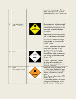 chromium nitrate, copper chlorate,
ferric nitrate, potassium bromate,
tetranitromethane, zinc permanganate

9.

Organic peroxides
(Bahan beroksidasi)

Dapat membantu pembakaran dari
material yang mudah terbakar. Jika
terpapar panas atau api pada waktu
yang lama dapat mengakibatkan
peledakan.
Jika bereaksi dengan material yang
lain efeknya akan lebih berbahaya
Dekomposisi dari bahan ini dapat
menghasilkan racun dan gas yang
mudah terbakar

10.

11.

Poison

Irritant
(Menyebabkan iritasi)

Contoh : benzol peroxides, methyl
ethyl ketone peroxide, dicetyl
perdicarbonate, peracetic acid.
Bahan yang dapat menyebabkan
kematian atau cidera pada manusia
jika tertelan, terhirup atau kontak
dengan kulit
Contoh : cyanohydrin, calcium
cyanide, carbon tetrachloride,
dinitrobenzenes, epichlorohydrin
mercuric nitrate, dll
Bahan dan formulasi dengan notasi
‘irritant’ adalah tidak korosif tetapi
dapat menyebabkan inflamasi jika
kontak dengan kulit atau selaput
lendir.
Frase-R untuk bahan irritant : R36,
R37, R38 dan R41
Contoh bahan dengan sifat tersebut
misalnya isopropilamina, kalsium
klorida dan asam dan basa encer.

 