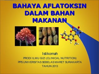 BAHAYA AFLATOKSIN
DALAM BAHAN
MAKANAN

Istikomah
PRODI ILMU GIZI (CLINICAL NUTRITION)
PPS UNIVERSITAS SEBELAS MARET SURAKARTA
TAHUN 2013

 