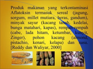 Produk makanan yang terkontaminasi
Aflatoksin termasuk sereal (jagung,
sorgum, millet mutiara, beras, gandum),
minyak sayur (kacang tanah, kedelai,
bunga matahari, kapas), rempah-rempah
(cabe, lada hitam, ketumbar, kunyit,
Zinger),
pohon
kacang
(almond,
pistachio, kenari, kelapa) dan susu.
[Reddy dan Waliyar, 2000]

 