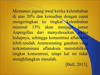 Memanen jagung awal ketika kelembaban
di atas 20% dan kemudian dengan cepat
mengeringkan ke tingkat kelembaban
minimal 15% akan menjaga jamur
Aspergillus dari menyelesaikan siklus
hidupnya, sehingga konsentrasi aflatoksin
lebih rendah. Ammoniating gandum yang
terkontaminasi aflatoksin menstabilkan
tingkat konsentrasi, tetapi hal ini tidak
menghilangkan masalah.
[Ball, 2013].

 