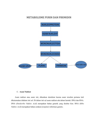 C. Asam Nukleat
Asam nukleat atau asam inti, dikatakan demikian karena asam tersebut pertama kali
diketemukan didalam inti sel. Di dalam inti sel asam nukleat ada dalam bentuk: DNA dan RNA.
DNA (Deoksiribo Nukleic Acid) merupakan bahan genetik yang disebut Gen. RNA (Ribo
Nukleic Acid) merupakan bahan cetakan (template) informasi genetic.

 