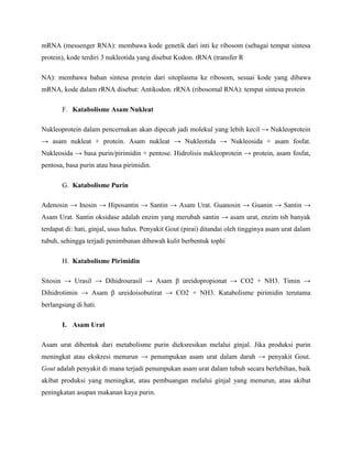 mRNA (messenger RNA): membawa kode genetik dari inti ke ribosom (sebagai tempat sintesa
protein), kode terdiri 3 nukleotida yang disebut Kodon. tRNA (transfer R
NA): membawa bahan sintesa protein dari sitoplasma ke ribosom, sesuai kode yang dibawa
mRNA, kode dalam rRNA disebut: Antikodon. rRNA (ribosomal RNA): tempat sintesa protein
F. Katabolisme Asam Nukleat
Nukleoprotein dalam pencernakan akan dipecah jadi molekul yang lebih kecil → Nukleoprotein
→ asam nukleat + protein. Asam nukleat → Nukleotida → Nukleosida + asam fosfat.
Nukleosida → basa purin/pirimidin + pentose. Hidrolisis nukleoprotein → protein, asam fosfat,
pentosa, basa purin atau basa pirimidin.
G. Katabolisme Purin
Adenosin → Inosin → Hiposantin → Santin → Asam Urat. Guanosin → Guanin → Santin →
Asam Urat. Santin oksidase adalah enzim yang merubah santin → asam urat, enzim tsb banyak
terdapat di: hati, ginjal, usus halus. Penyakit Gout (pirai) ditandai oleh tingginya asam urat dalam
tubuh, sehingga terjadi penimbunan dibawah kulit berbentuk tophi
H. Katabolisme Pirimidin
Sitosin → Urasil → Dihidrourasil → Asam β ureidopropionat → CO2 + NH3. Timin →
Dihidrotimin → Asam β ureidoisobutirat → CO2 + NH3. Katabolisme pirimidin terutama
berlangsung di hati.
I. Asam Urat
Asam urat dibentuk dari metabolisme purin dieksresikan melalui ginjal. Jika produksi purin
meningkat atau ekskresi menurun → penumpukan asam urat dalam darah → penyakit Gout.
Gout adalah penyakit di mana terjadi penumpukan asam urat dalam tubuh secara berlebihan, baik
akibat produksi yang meningkat, atau pembuangan melalui ginjal yang menurun, atau akibat
peningkatan asupan makanan kaya purin.

 