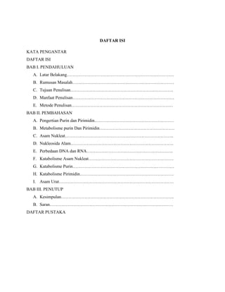 DAFTAR ISI
KATA PENGANTAR
DAFTAR ISI
BAB I. PENDAHULUAN
A. Latar Belakang……………………………………………………………….
B. Rumusan Masalah……………………………………………………………
C. Tujuan Penulisan…………………………………………………………….
D. Manfaat Penulisan……………………………………………………………
E. Metode Penulisan……………………………………………………………
BAB II. PEMBAHASAN
A. Pengertian Purin dan Pirimidin………………………………………………
B. Metabolisme purin Dan Pirimidin……………………………………………
C. Asam Nukleat………………………………………………………………..
D. Nukleosida Alam…………………………………………………………….
E. Perbedaan DNA dan RNA…………………………………………………..
F. Katabolisme Asam Nukleat………………………………………………….
G. Katabolisme Purin……………………………………………………………
H. Katabolisme Pirimidin……………………………………………………….
I. Asam Urat……………………………………………………………………
BAB III. PENUTUP
A. Kesimpulan…………………………………………………………………..
B. Saran…………………………………………………………………………
DAFTAR PUSTAKA

 