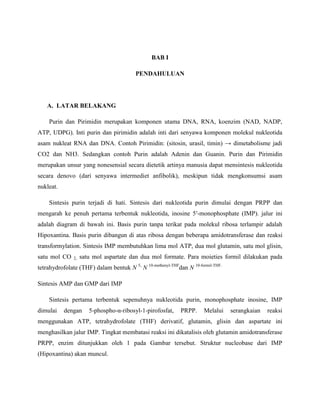 BAB I
PENDAHULUAN

A. LATAR BELAKANG
Purin dan Pirimidin merupakan komponen utama DNA, RNA, koenzim (NAD, NADP,
ATP, UDPG). Inti purin dan pirimidin adalah inti dari senyawa komponen molekul nukleotida
asam nukleat RNA dan DNA. Contoh Pirimidin: (sitosin, urasil, timin) → dimetabolisme jadi
CO2 dan NH3. Sedangkan contoh Purin adalah Adenin dan Guanin. Purin dan Pirimidin
merupakan unsur yang nonesensial secara dietetik artinya manusia dapat mensintesis nukleotida
secara denovo (dari senyawa intermediet anfibolik), meskipun tidak mengkonsumsi asam
nukleat.
Sintesis purin terjadi di hati. Sintesis dari nukleotida purin dimulai dengan PRPP dan
mengarah ke penuh pertama terbentuk nukleotida, inosine 5′-monophosphate (IMP). jalur ini
adalah diagram di bawah ini. Basis purin tanpa terikat pada molekul ribosa terlampir adalah
Hipoxantina. Basis purin dibangun di atas ribosa dengan beberapa amidotransferase dan reaksi
transformylation. Sintesis IMP membutuhkan lima mol ATP, dua mol glutamin, satu mol glisin,
satu mol CO

2,

satu mol aspartate dan dua mol formate. Para moieties formil dilakukan pada

tetrahydrofolate (THF) dalam bentuk N 5, N 10-methenyl-THFdan N 10-formil-THF.
Sintesis AMP dan GMP dari IMP
Sintesis pertama terbentuk sepenuhnya nukleotida purin, monophosphate inosine, IMP
dimulai

dengan

5-phospho-α-ribosyl-1-pirofosfat,

PRPP.

Melalui

serangkaian

reaksi

menggunakan ATP, tetrahydrofolate (THF) derivatif, glutamin, glisin dan aspartate ini
menghasilkan jalur IMP. Tingkat membatasi reaksi ini dikatalisis oleh glutamin amidotransferase
PRPP, enzim ditunjukkan oleh 1 pada Gambar tersebut. Struktur nucleobase dari IMP
(Hipoxantina) akan muncul.

 
