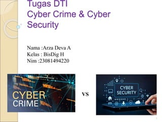 1
Tugas DTI
Cyber Crime & Cyber
Security
Nama :Arza Deva A
Kelas : BisDig H
Nim :23081494220
VS
 