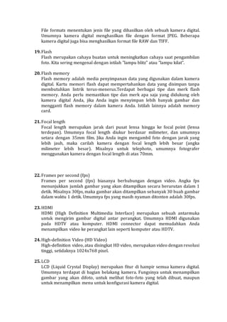 File formats menentukan jenis file yang dihasilkan oleh sebuah kamera digital.
Umumnya kamera digital menghasilkan file de...