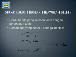 • Gerak benda pada lintasan lurus dengan
percepatan tetap
• Persamaan yang berlaku sebagai berikut:
t
vv
t
v
a ot −
=
∆
∆
=
tavv ot +=
2
2
1
tatvsos o ++=
savv ot 222
+=
 